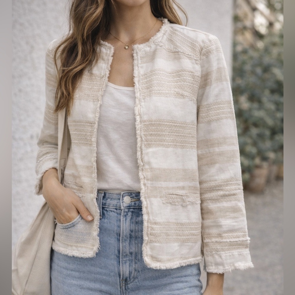 Greylin stripe linen cotton  Blazer small fringe trim open front